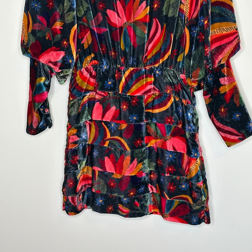 FARM Rio Velvet Banana Sky Floral Mini Dress Tiered Long Sleeve Size Small - Picture 10 of 16